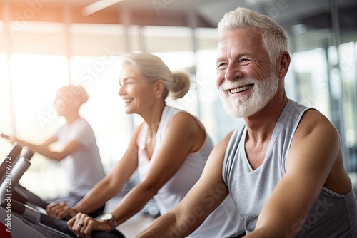 Senior couple exercising on stationary bikes in a gym, smiling and enjoying a healthy lifestyle.