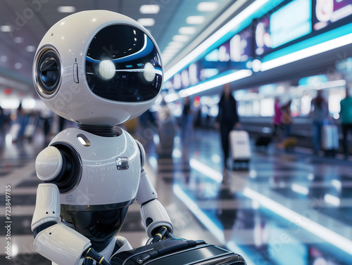 futuristic robotic assistant at a bustling airport terminal. With its humanoid features and advanced sensors  the robot appears ready to interact with travelers