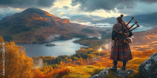 an old celtic bagpipe player with a impressive background of a beautiful sunset scenery of scottish highlands photo
