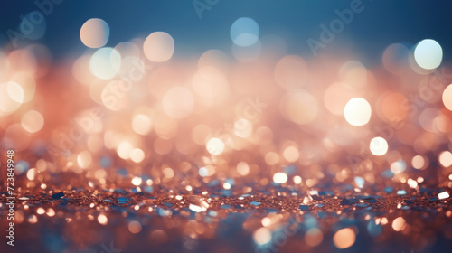 Sky textured space background with rose gold and blue glittering defocused lights