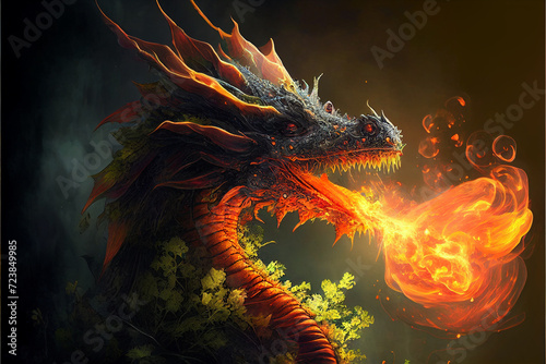 Fire-breathing fairy dragon head. AI generated.