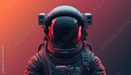 Modern coloured astronaut against gradient background, metaverse space costume