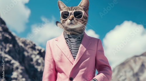 A cat wearing sunglasses and a suit with a tie. Generative AI image.