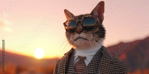 A cat wearing sunglasses and a suit with a tie. Generative AI image.