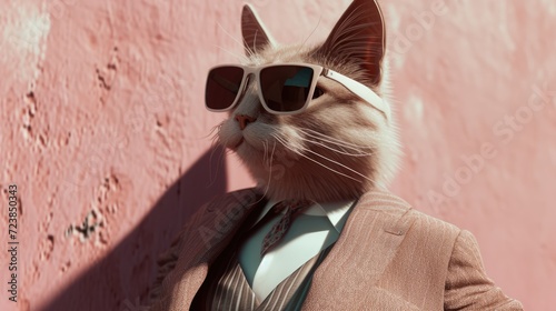 A cat wearing sunglasses and a suit with a tie. Generative AI image.
