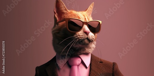 A cat wearing sunglasses and a suit with a tie. Generative AI image.