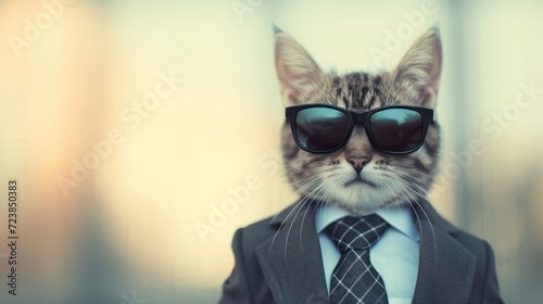 A cat wearing sunglasses and a suit with a tie. Generative AI image.