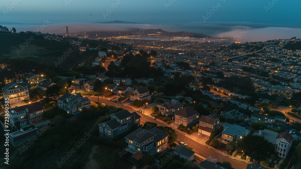panoramic view captures the warmth of a sunset bathing a sprawling suburban landscape. The houses neatly lined and the San Francisco city skyline in the distance
