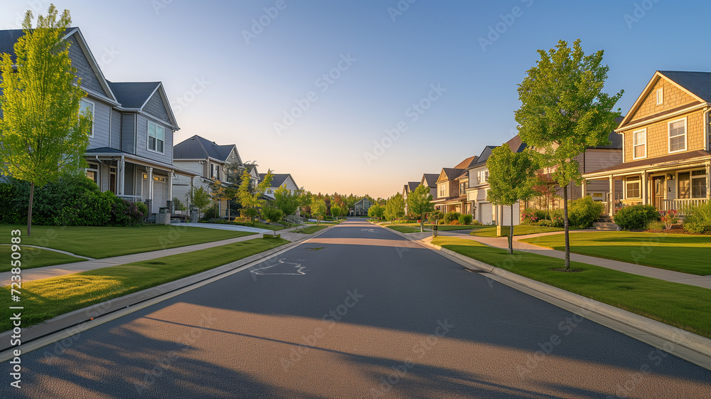 tranquil suburban street at dusk, where the soft evening light gently illuminates well-kept lawns and modern family homes