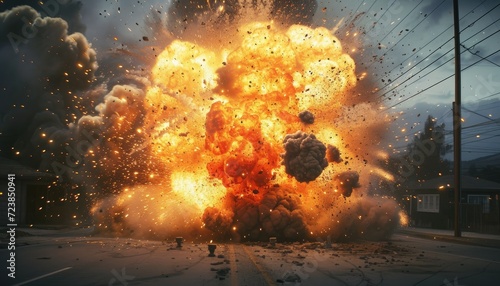 Realistic explosion against town background
