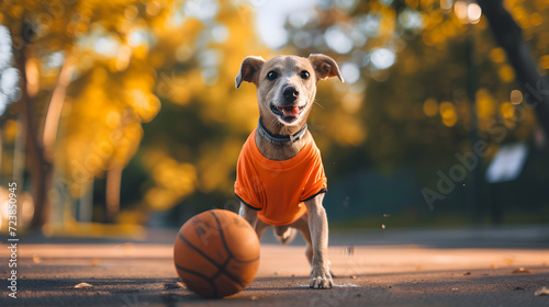 Action photograph of dog wearing a orange t-shirt playing basketball Animals. Sports