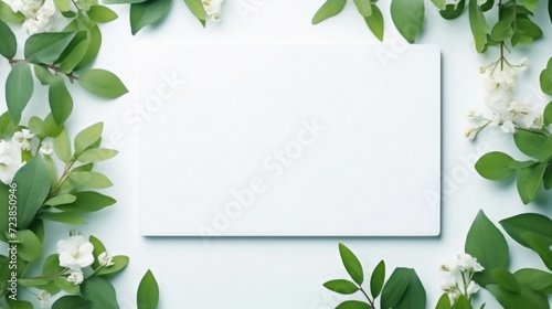 Blank white paper card with green leaves on light blue background .