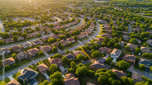 aerial shot showcases the sprawling serenity of a suburban neighborhood