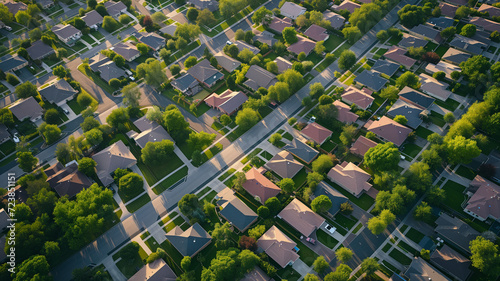 aerial shot showcases the sprawling serenity of a suburban neighborhood