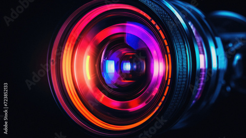 Close up of a camera lens with colorful lights on a black background