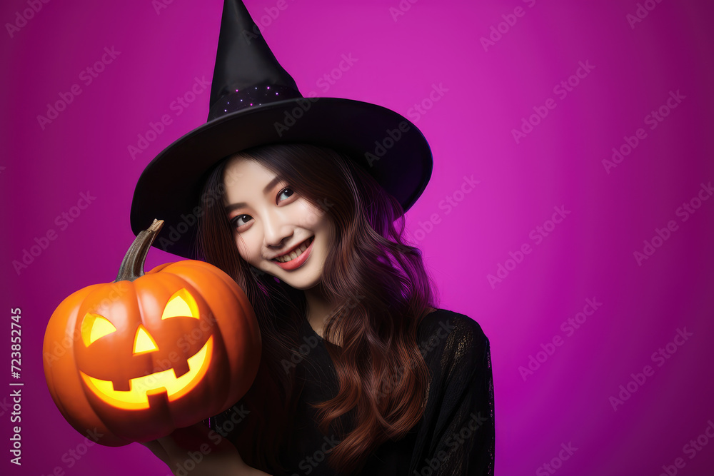 Smiling korean woman in witch hat holding halloween pumpkin, purple background Smiling korean woman in witch hat holding halloween pumpkin, purple background