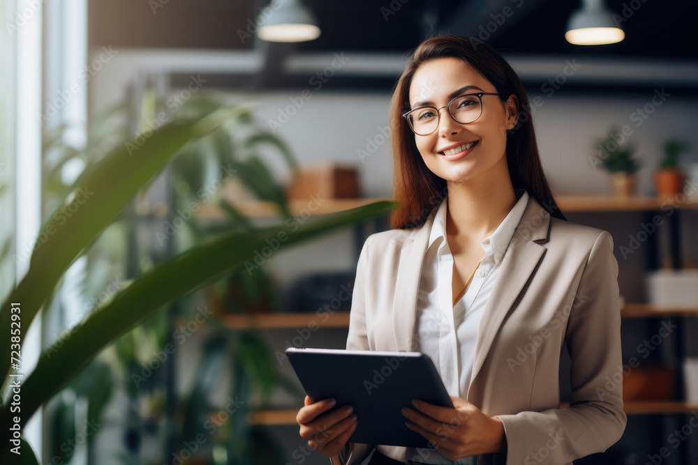 Smiling young employee businesswoman holding computer in company Smiling young employee businesswoman holding computer in company