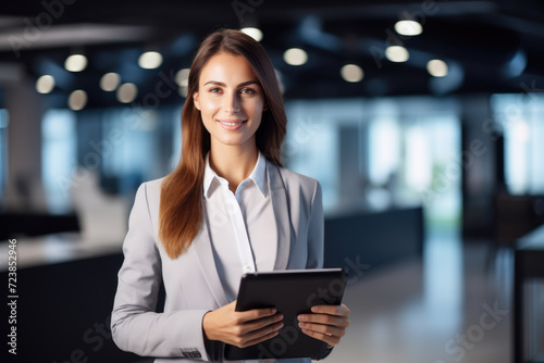 Smiling young employee businesswoman holding computer in company © LFK