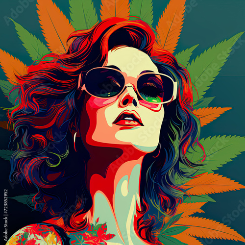 Сolorful illustration with a beautiful girl's face and cannabis leaves. Modern, stylish pop art marijuana banner