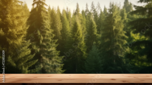  Wooden tabletop for product display with beautiful green fir forest background behind. Copy space 