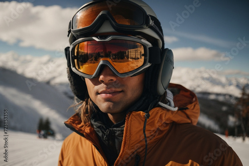 Skier in orange jacket, helmet and goggles. Head shot  . Winter sport concept © HappymanPhotography
