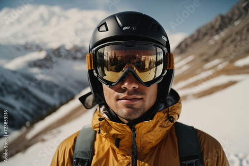 Skier in orange jacket, helmet and goggles. Head shot . Winter sport concept