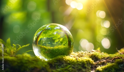 The environment of a green globe in the forest with moss and defocused abstract sunlight for the Earth Day concept. photo