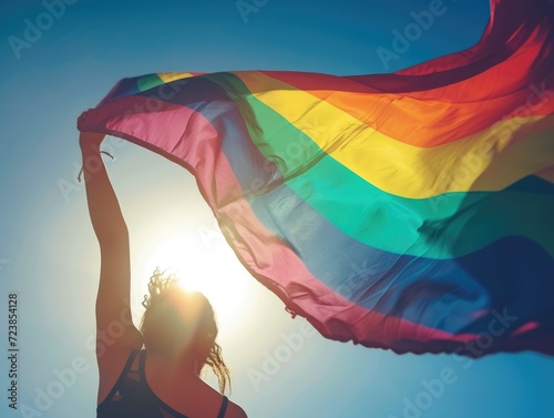 Girl holding rainbow flag. Concept of LGBT pride. AI generated