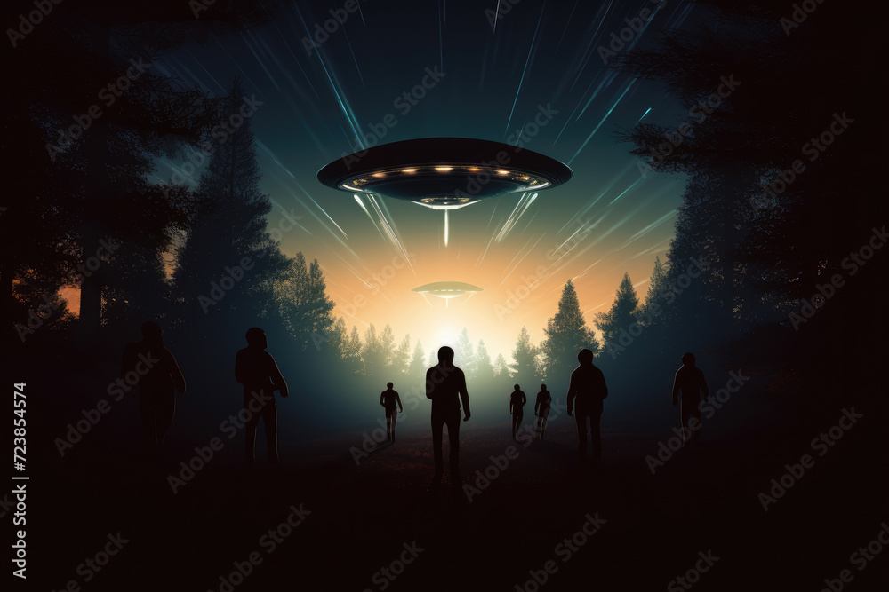 Spaceships flying at dusk and silhouettes of aliens in forest, UFO themed drawing. Generative ai Spaceships flying at dusk and silhouettes of aliens in forest, UFO themed drawing. Generative ai