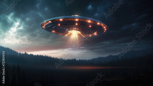 Spaceship with red lights in dark sky in wooded area, UFO design. Generative ai