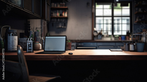 Laptop on a wooden table in a cafe . © Art AI Gallery