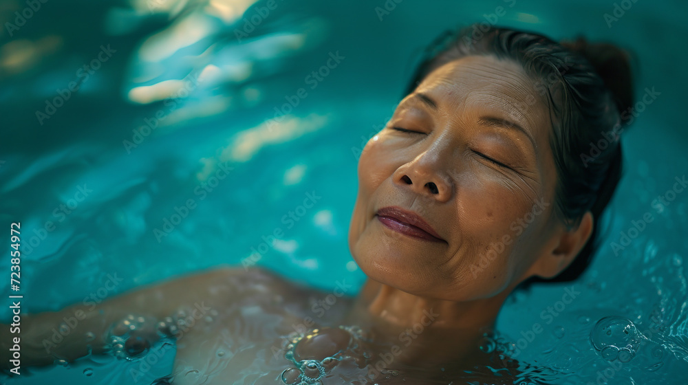Asian mature woman relaxing in jacuzzi. Asian mature woman relaxing in jacuzzi.