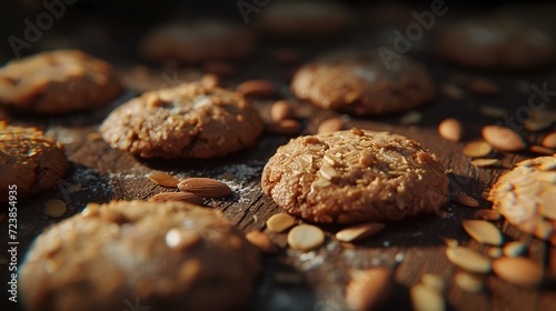 Homemade oatmeal cookies with almonds on a wooden table. Selective focus.