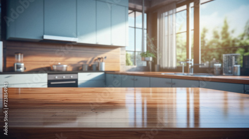 Wooden table in modern kitchen interior, blurred background. Mock up,  Rendering © Art AI Gallery