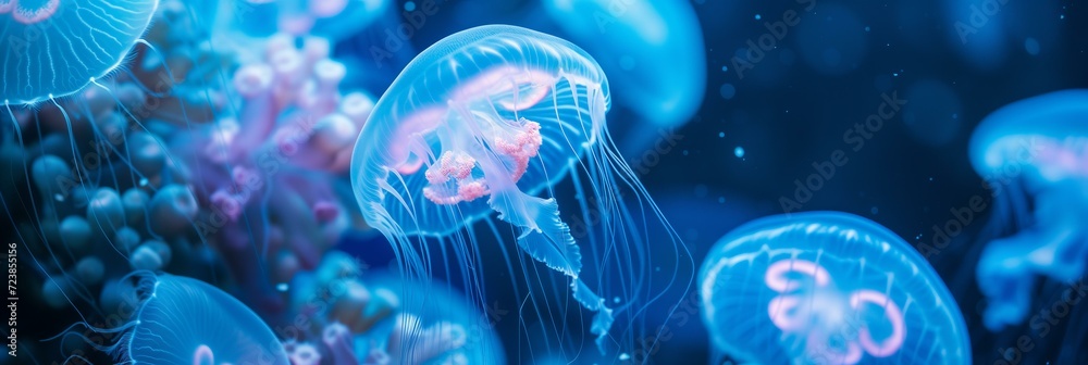 jellyfish pattern background in the ocean, vibrant, stunningcoral reef in background jellyfish pattern background in the ocean, vibrant, stunningcoral reef in background