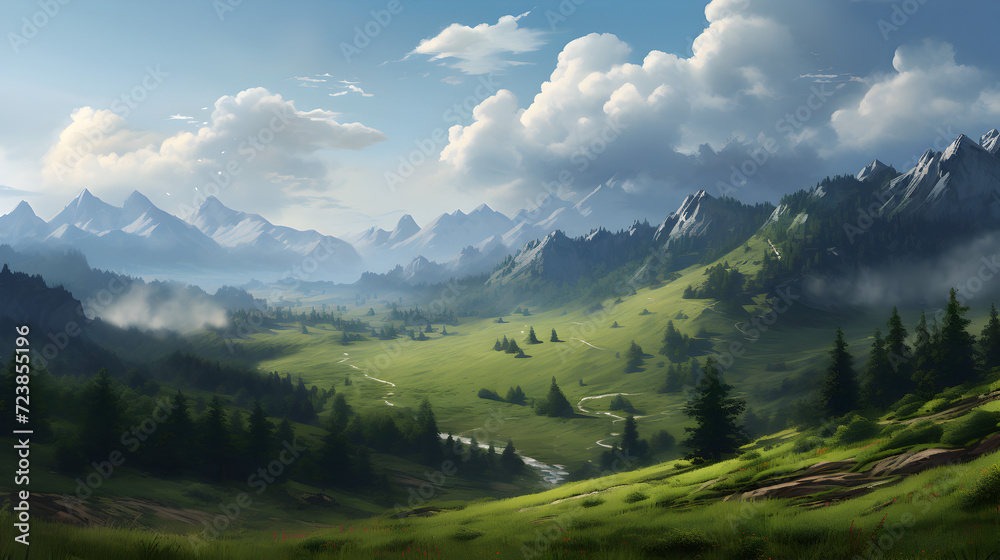 Meadow Fantasy Backdrop Concept Art Realistic Illustration Background with ,,
Beautiful mountain landscape with a river in the valley

