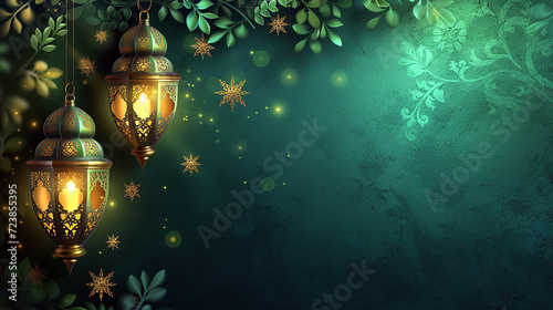 abstract ramadan background, islamic background, lantern with green empty space and sparkles photo