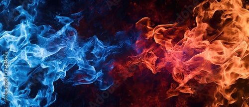 Tongues of blue and red fire on clear black background, cold and hot flames and sparks background design