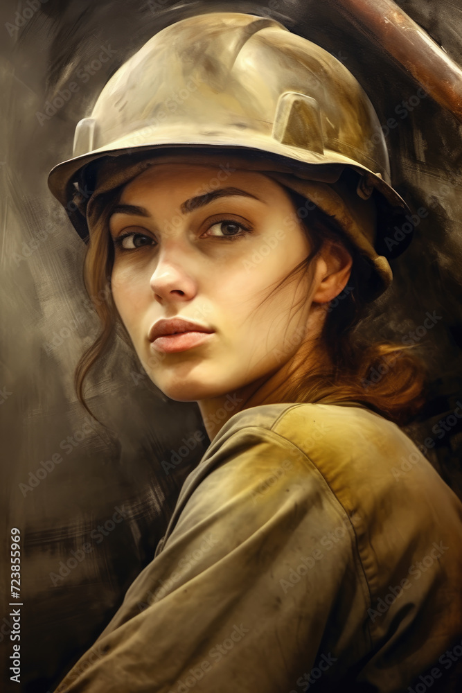 Strong female worker in safety helmet