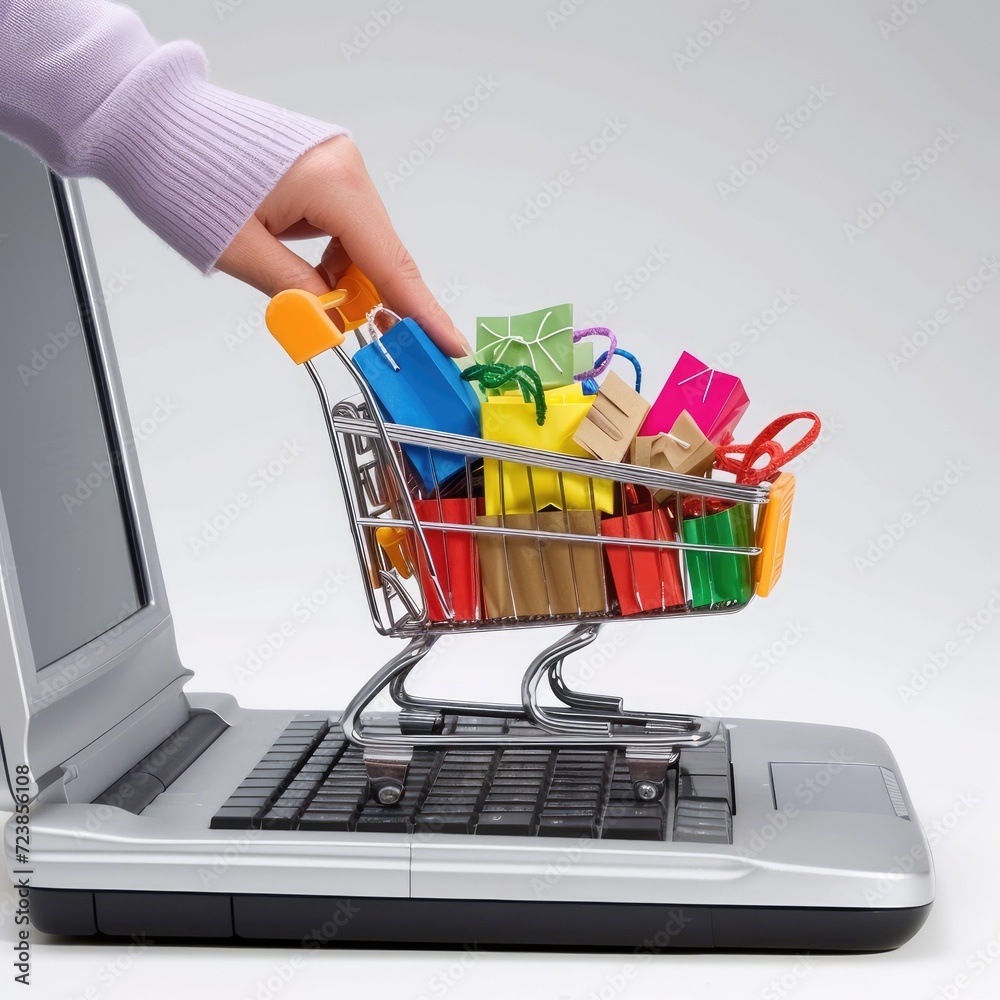 Fototapeta premium Small shopping cart filled with boxes standing on the laptop keyboard, online shopping illustration