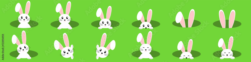 Fototapeta premium Set of vector Easter bunnies on a green background. Easter Bunnies. Easter bunny vector icon, rabbit in hole, cartoon ears on green background. Vector EPS 10