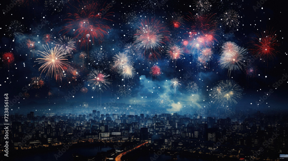 Fireworks over Tokyo cityscape at night, Japan . Fireworks over Tokyo cityscape at night, Japan .