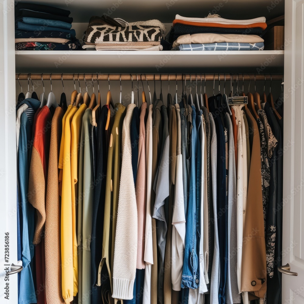 Nicely organised wardrobe filled with colourful clothes, cozy bedroom wardrobe