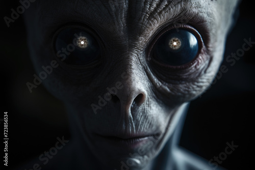 Surreal alien with big eyes and triangular face, dark background. Generative ai
