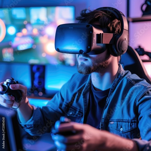 Handsome man playing video games using VR glasses and VR controllers, futuristic gaming process