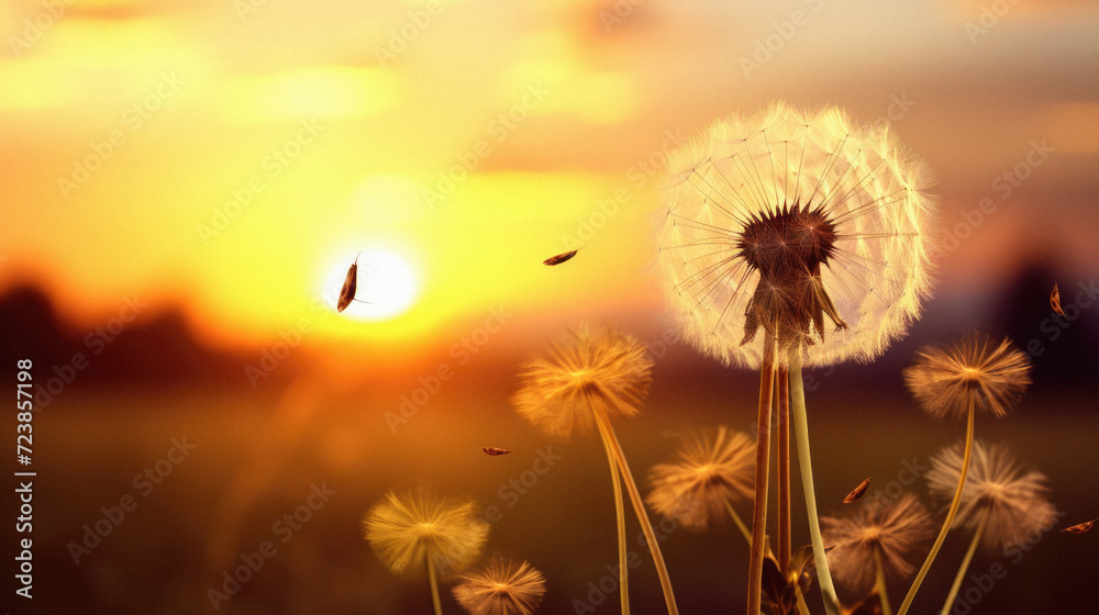Beautiful dandelion on sunset background, close-up .
