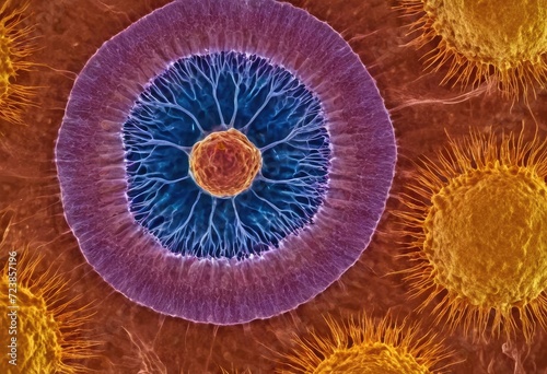 A colorful and abstract representation of a stem cell  magnified under the lens of a laboratory microscope