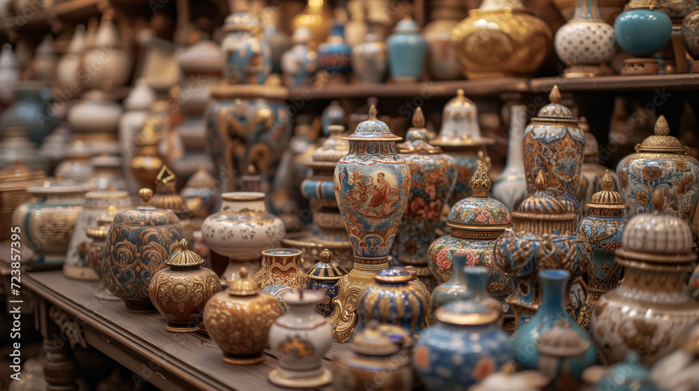 Intricate ceramic pottery displayed on antique market shelf Intricate ceramic pottery displayed on antique market shelf