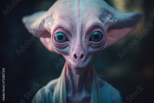 Surreal look old alien with blue eyes, Non-human biological creature concept. Generative ai