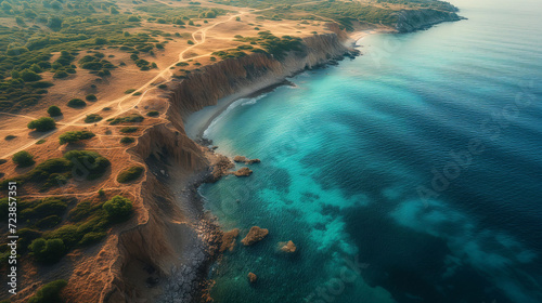 Coastal cliffs overlooking turquoise sea at sunset